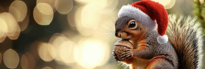 Wall Mural - Happy Christmas squirrel holding an acorn with a tiny Santa hat