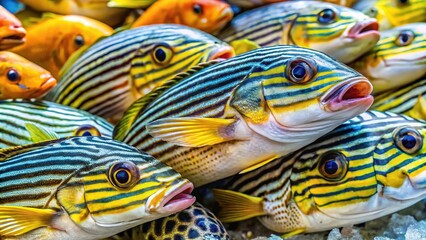 Vibrant Indian Ocean Oriental Sweetlips on display at the seafood market, its scales shimmering in red and orange hues.