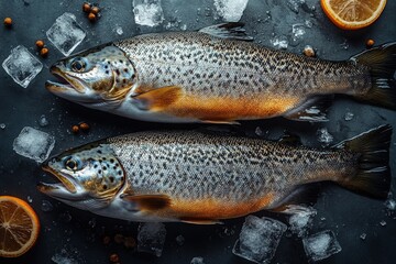 two fresh brown trout on ice, ready for cooking, with lemon slices and black peppercorns.