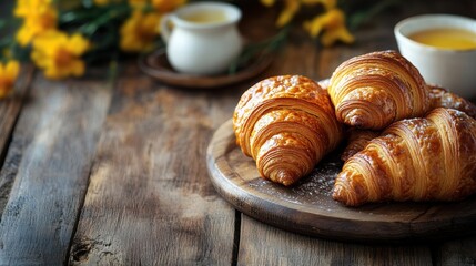 Canvas Print - a banner featuring a breakfast concept with croissants on a wooden table in a cozy dining room, inviting and warm ambiance