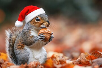 Wall Mural - Happy Christmas squirrel holding an acorn with a tiny Santa hat