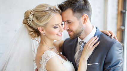 Happy newlywed couple embracing closely in a romantic indoor wedding setting