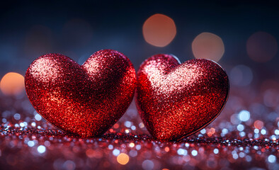 Two hearts made of glitter are placed on a table. The glitter on the hearts is red and sparkly, giving them a festive and romantic appearance. Concept of love and warmth