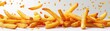 © Dalibor - Crispy golden french fries flying in mid-air, isolated on a clean white background. Free copy space for text.