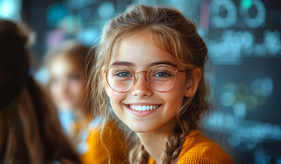 Wall Mural - A girl with glasses and a smile on her face. She is wearing a yellow sweater and has her hair in a braid