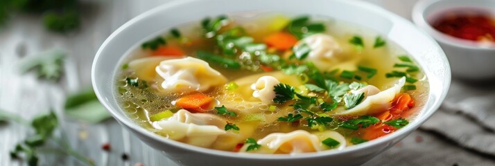 Wall Mural - Clear Broth with Asian Vegetable Dumplings