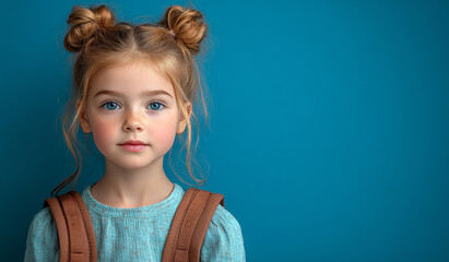 Wall Mural - A young girl with blue eyes and blonde hair is standing in front of a blue wall. She is wearing a blue shirt and a brown backpack