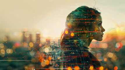 Poster - A woman's face is shown in a cityscape with a blurry background