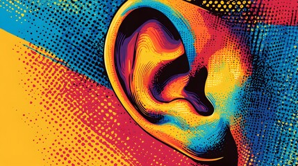 Vibrant pop art image of a human ear with bold exaggerated colors and dynamic patterns