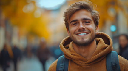 Wall Mural - A man with a brown hoodie and backpack is smiling. He is wearing a beard and has a mustache