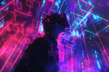 Poster - A man wearing a virtual reality headset is standing in a colorful room with many
