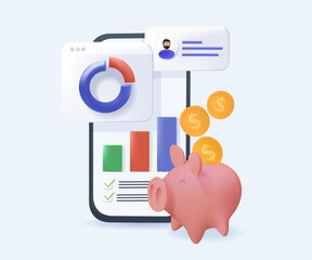 Poster - financial illustration in 3d style set. investing money in stock market. people analyzing financial 