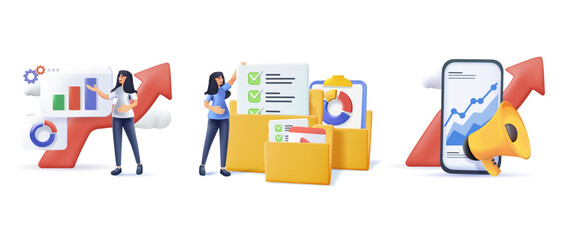 Fototapete - People Characters Analyzing Charts, Graphs, Planning Business Strategy and Managing Data on Laptop and Smartphone. Business Intelligence and Analysis Concept. 3D cartoon Vector Illustration Set