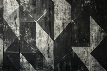 Poster - A black and white photo of a wall with a pattern of squares and triangles