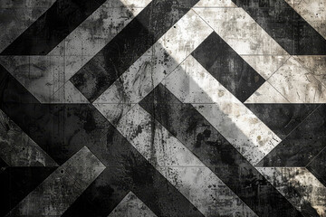 Poster - A black and white photo of a wall with a pattern of squares and triangles