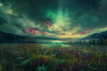 Wall Mural - A field of flowers with a sky in the background