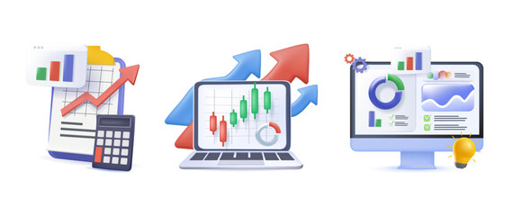Poster - financial illustration set in 3d style. investing money in stock market. analyzing financial graphs,