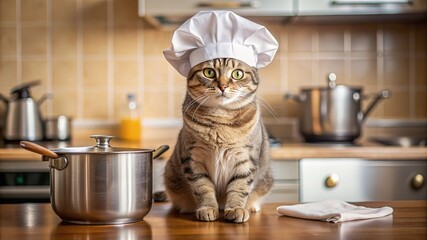 A cute red cat and a white chefs hat. Isolated on a colored background. Studio photo. Tasty and healthy food concept