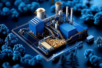 Fototapete - Biomass facility blueprint is highlighted in a minimalist design showing the detailed layout of a bioenergy processing plant