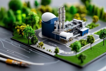 Fototapete - Biomass facility structure is highlighted in a minimalist blueprint of a bioenergy processing plant, showing its innovative design