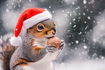 Wall Mural - Happy Christmas squirrel holding an acorn with a tiny Santa hat