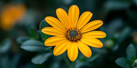 Wall Mural - Bright yellow flower blooming amidst lush green foliage in a garden setting during springtime