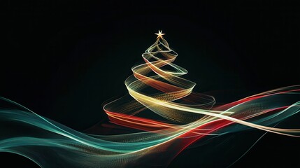 Poster - Intertwined lines in vibrant colors form a striking silhouette of a Christmas tree, emanating a festive and modern atmosphere. Generative AI