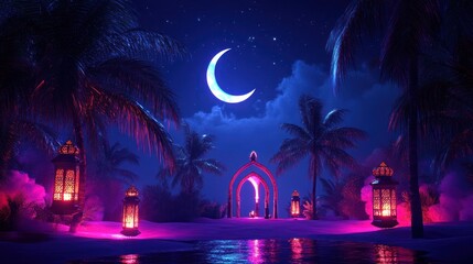 Night Scene with Crescent Moon, Lanterns and Palm Trees