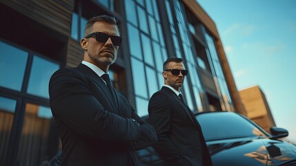 Two security guards in black suits standing beside a luxury car in front of a modern glass building