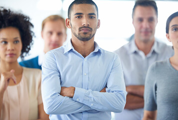 Aufkleber - Business man, portrait and arms crossed with team, serious and attorney staff in office. Diversity, management and lawyer group at meeting with labor law, professional and corporate workplace