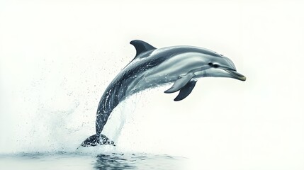 A playful dolphin leaping out of the water, captured on a white background. The dolphin is shown in mid-air, highlighting its graceful and dynamic movement.