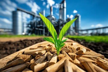 Poster - Biomass plant operation efficiency is showcased in a realistic photo capturing the optimized process at a bioenergy facility