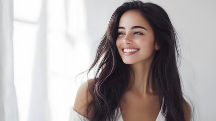 young woman with long dark hair poses confidently on white background