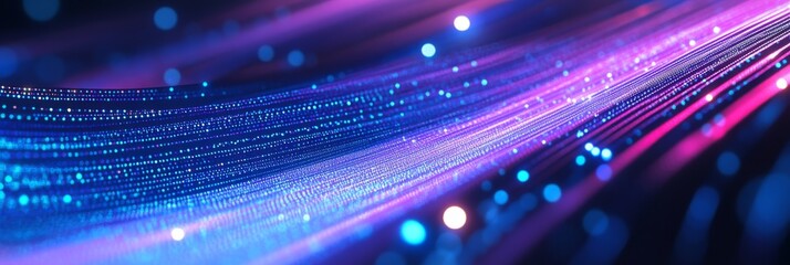 Poster - Closeup view of a digital landscape showcasing vibrant neon blue and purple lines that create an abstract representation of movement and energy in a dynamic composition
