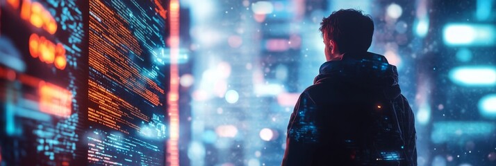 Poster - A cyberpunk hacker stands in the glow of a neon-lit city, immersed in analyzing complex data displayed against the vibrant urban backdrop, fully engaged in his work