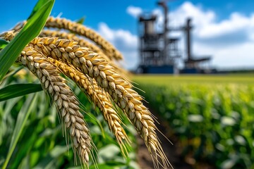 Poster - Biomass project expansion is captured in a realistic photo of a growing bioenergy farm, with new construction and energy crops in the background