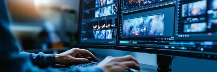 Poster - an editor is deeply immersed in the process of refining visual content, using dual monitors to enhan