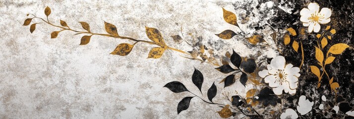 Poster - A delicate floral pattern in black, white, and gold adorns a textured background, featuring elegant leaves and blossoms that create a stunning visual composition