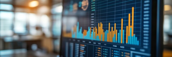 Poster - A detailed display of financial graphs and charts is visible on a computer monitor, showcasing data analysis in a contemporary office with a blurred background
