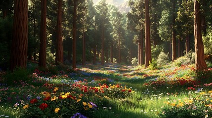 Wall Mural - A serene forest clearing with a carpet of wildflowers, tall trees surrounding the area, and a soft, golden light filtering through