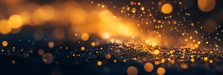 Poster - The image captures a closeup view of warm yellow bokeh and glowing particles that drift gracefully against a dark background, creating a dreamy atmosphere reminiscent of evening light