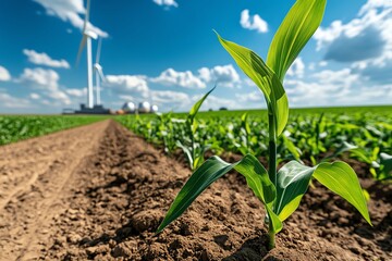 Poster - Biomass project expansion is captured in a realistic photo of a growing bioenergy farm, with new construction and energy crops in the background