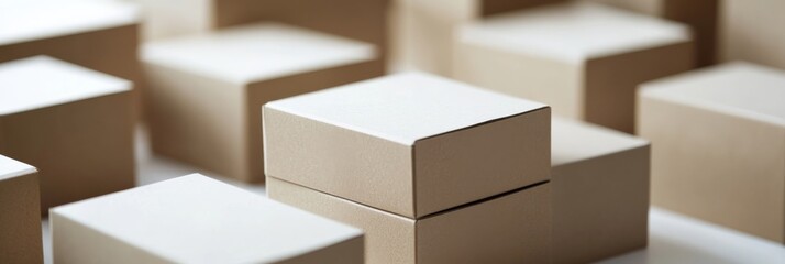 Poster - Neatly arranged cardboard boxes featuring clean edges and blank surfaces create a versatile backdrop suitable for various mockup designs in a commercial environment