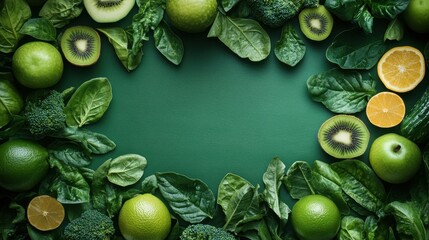 artistic arrangement of green veggies and fruits in a concept banner for world vegan day, promoting cruelty-free and sustainable living