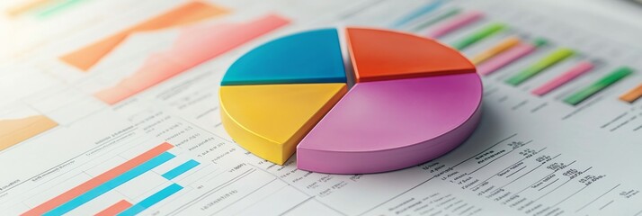 Poster - a colorful pie chart is prominently displayed on a financial report, surrounded by various data grap