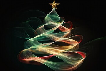 Poster - Colorful intertwined lines form the silhouette of a Christmas tree topped with a star, evoking a festive spirit for the holidays. Generative AI