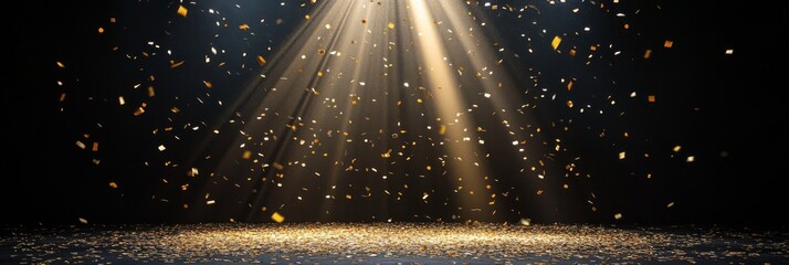 Poster - A dark stage is brightly illuminated by a golden beam of light, while confetti floats gracefully through the air, creating a festive atmosphere perfect for celebrations