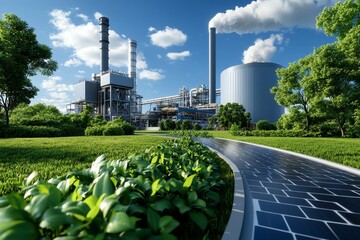 Poster - Biomass renewable energy is highlighted in a realistic photo of a biofuel processing plant, showcasing clean and sustainable power production