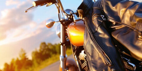 a leather jacket hanging on a motorcycle handlebar against a sunset backdrop, embodying the biker lifestyle