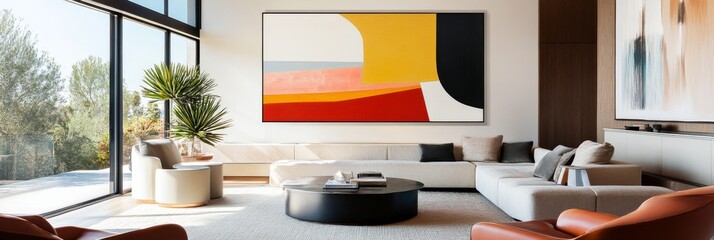 Poster - The modern living room features a stylish sectional sofa and a circular coffee table, highlighted by a large abstract painting with vibrant colors and bold shapes